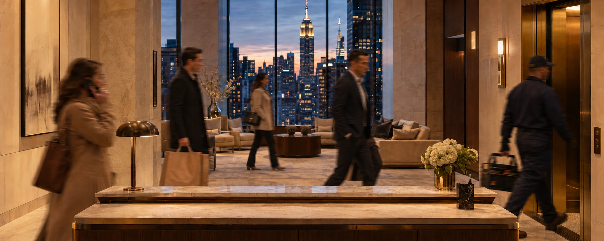 Residential lobby in Manhattan at dusk