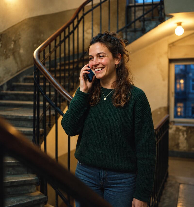 A tenant on the phone in her stairwell, smiling