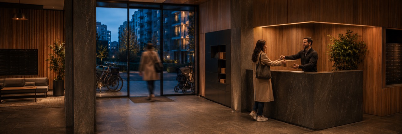 Front desk handing a resident a parcel in the evening